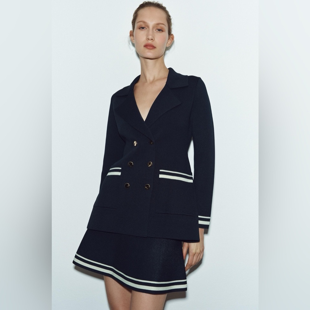 Zara Navy Double-Breasted Blazer with White Stripe Trim